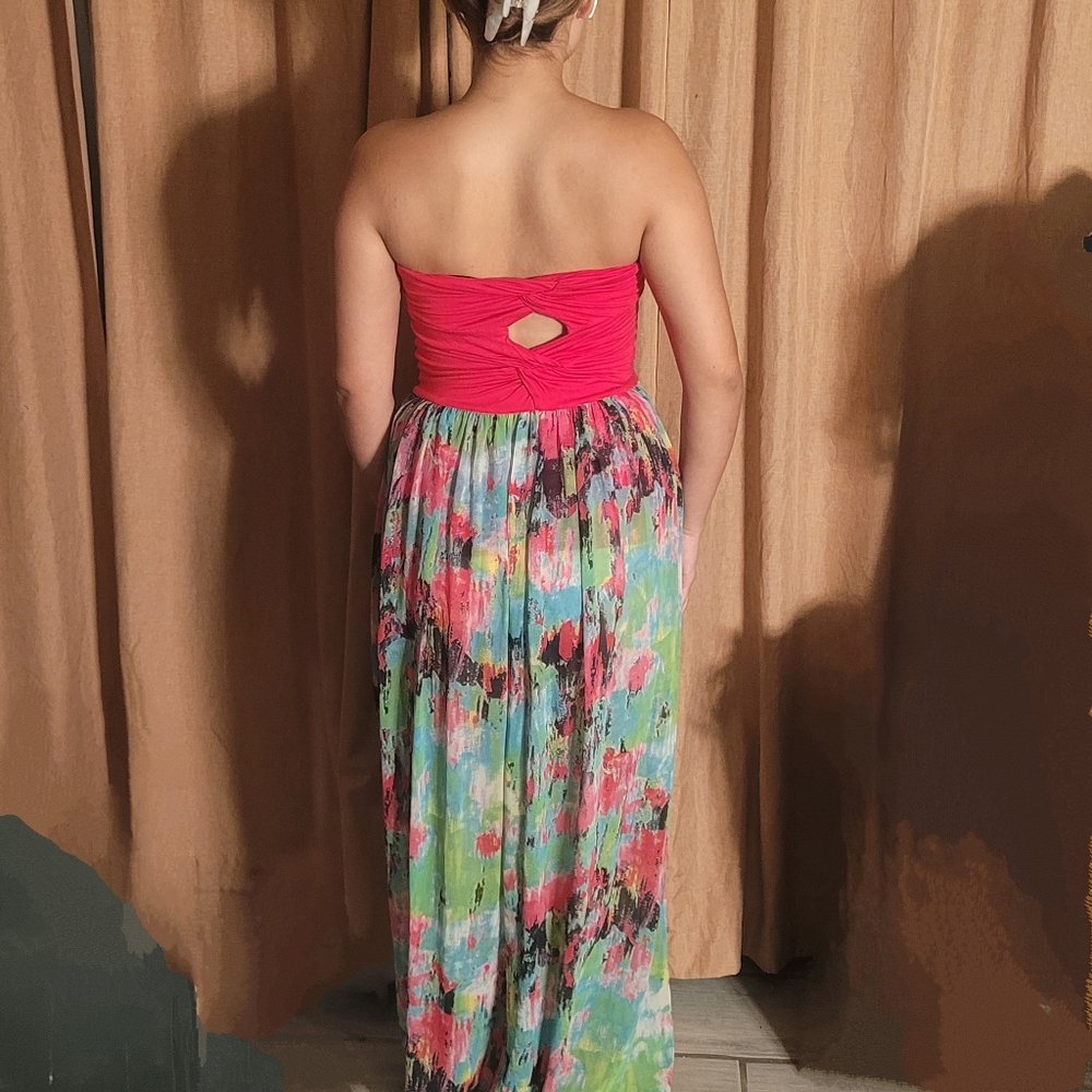 Felicity & Coco Pink Multicolor Strapless Maxi Dress Size Medium Summer Sheer